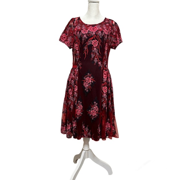 Eva Franco Dresses & Skirts - Eva Franco Short Sleeve Midi Pink and Red Flower Embroidered Dress